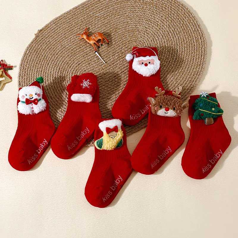 Kids Red Christmas Socks Cute Elk Tree Snowman Children Anti-Slip Floor Socks Boy Girl Winter Warm Mid Tube Sock Xmas Footwear G251124