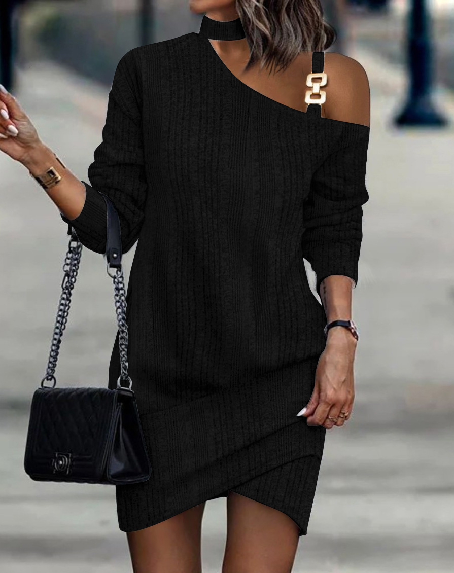 2023 Autumn/Winter Long Sleeve Chain Neck Solid Color Button Dress for Women
