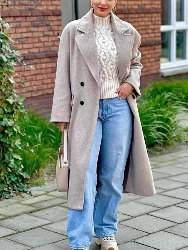 TRAFZA Women Winter Casual Wool Blend Notched Lapel Collar Coat Chic Double-breasted Trench Coats Oversized Female Long Jackets J251124