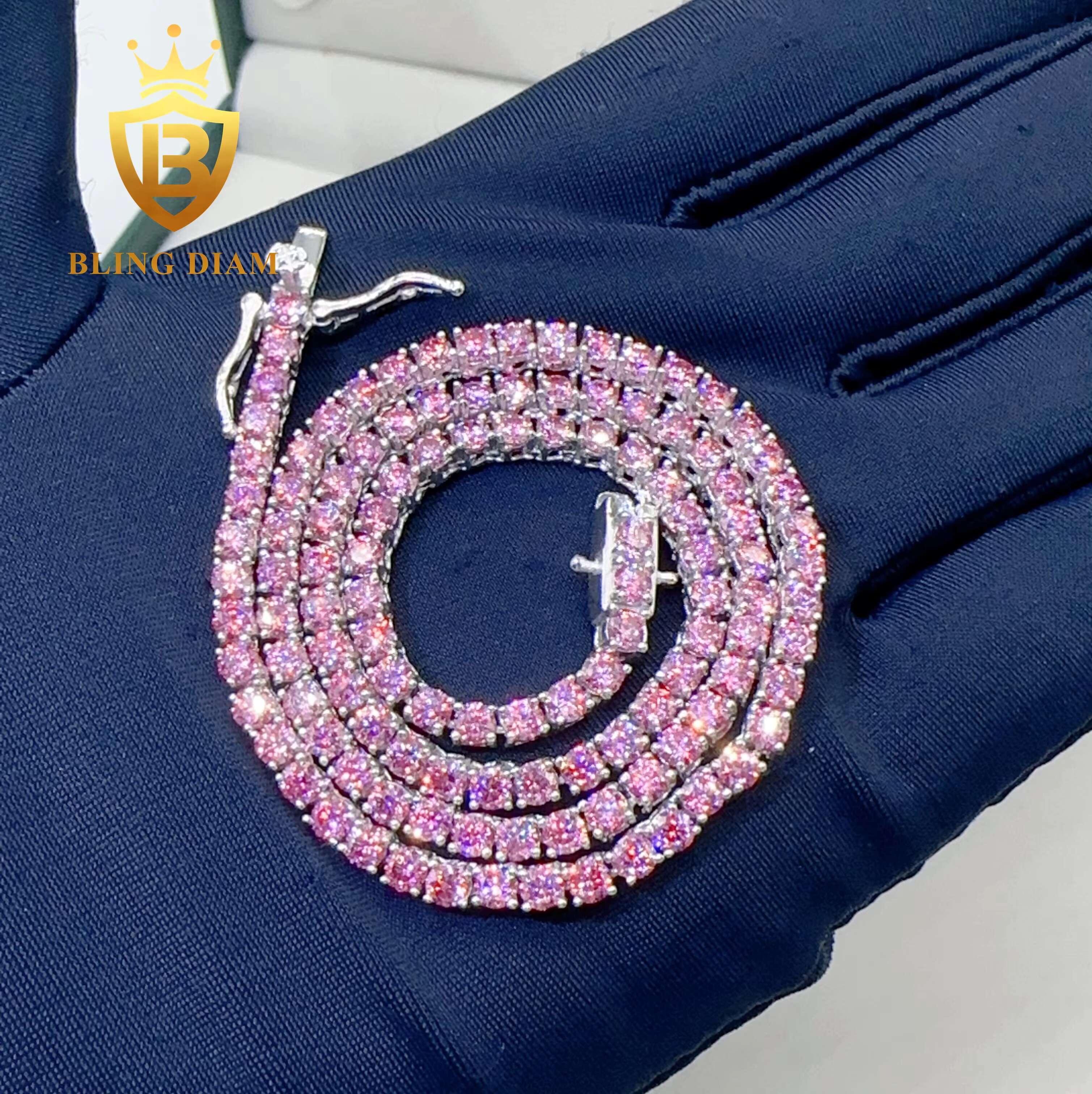 Blingdiam Jewelry Pass Diamond Tester S925 Sterling Silver 3mm 4mm Pink Moissanite Tennis Chain