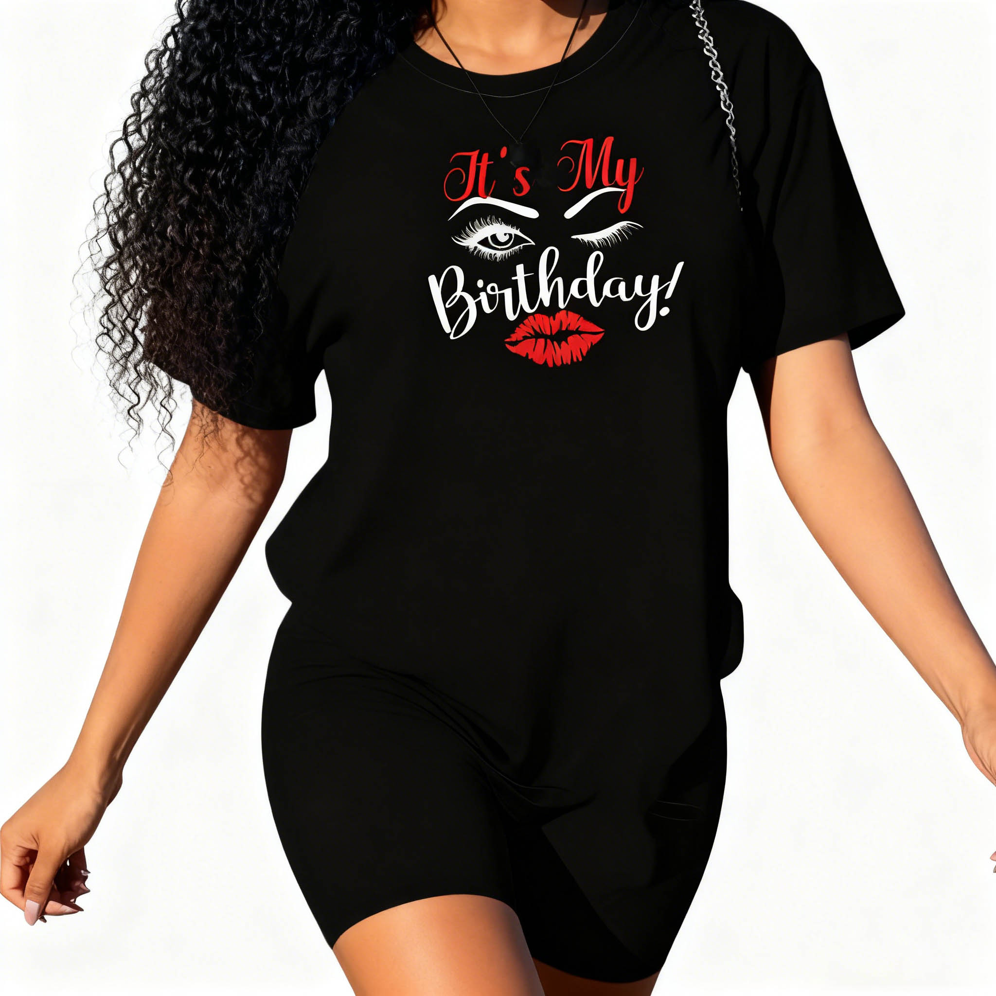 It's My Birthday Graphic Letter Print 2-Piece Outfit (T-Shirt + Shorts) - Women's Casual Loose Fit Birthday Party Set A7181