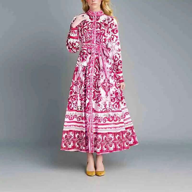 New European And American Women's Fashion Retro Lantern Print Long Sleeve Swing Dress Woman