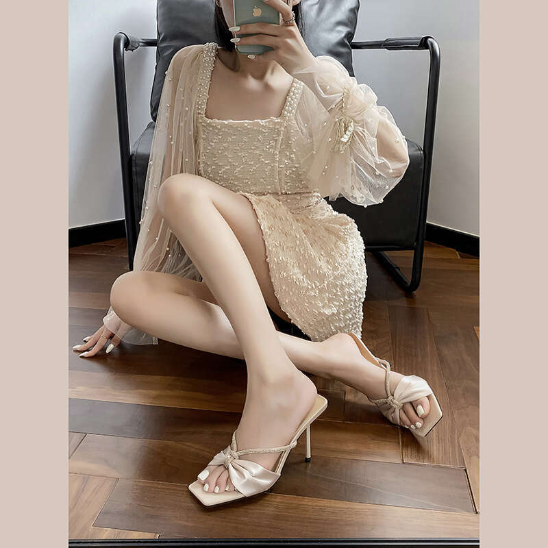 Woman Sandals Preferred Nude Silk Rhinestone Flat Women In The Summer Of New Butterfly Bow For Wearing High Heels And Sandals
