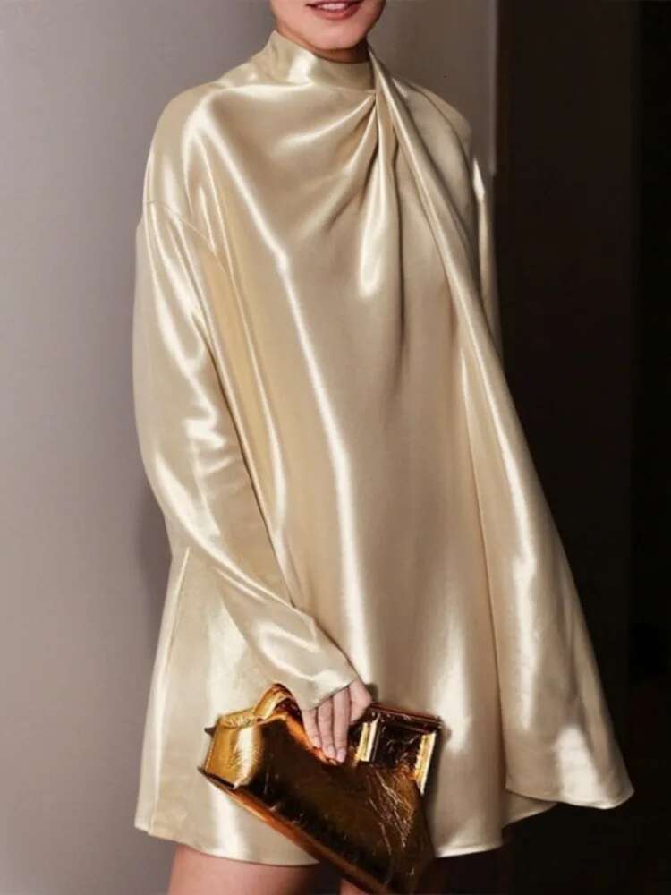 Freeacy 2025 Spring New Women's Long Sleeves Mini High Neck Solid Color Pleated Shiny Party Dress Elegant Evening Dresses