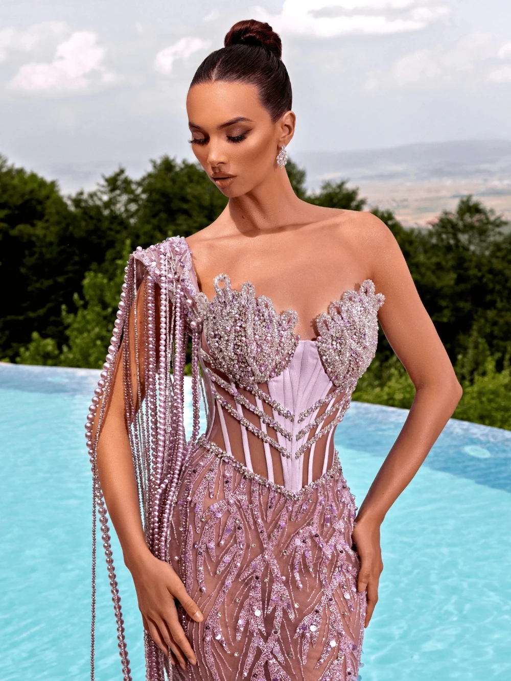 Fashion Pearls Evening Dresses Sequins Beading Prom Gowns One Shoulder Tassel Illusion Customized Formal Occasion Party Dress Vestidos de noche