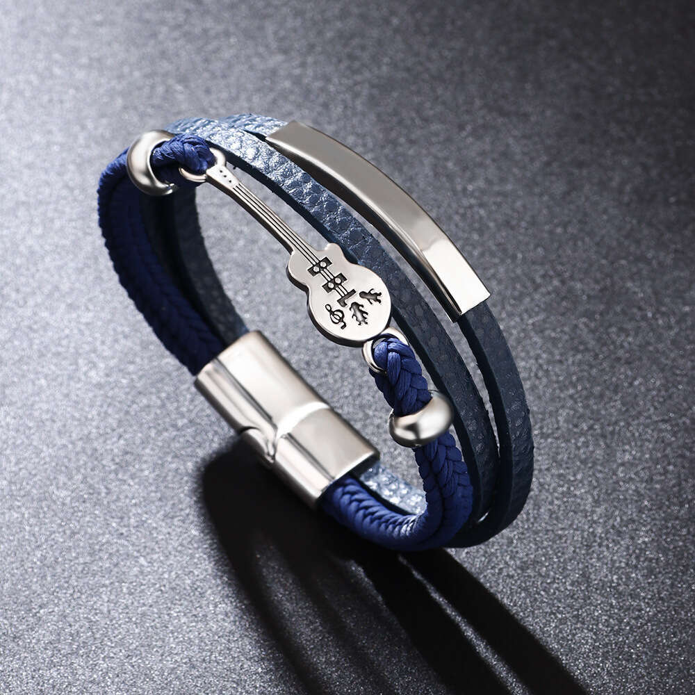 Punk trendy men's popular guitar PU leather fashionable multi-layer woven magnetic buckle bracelet