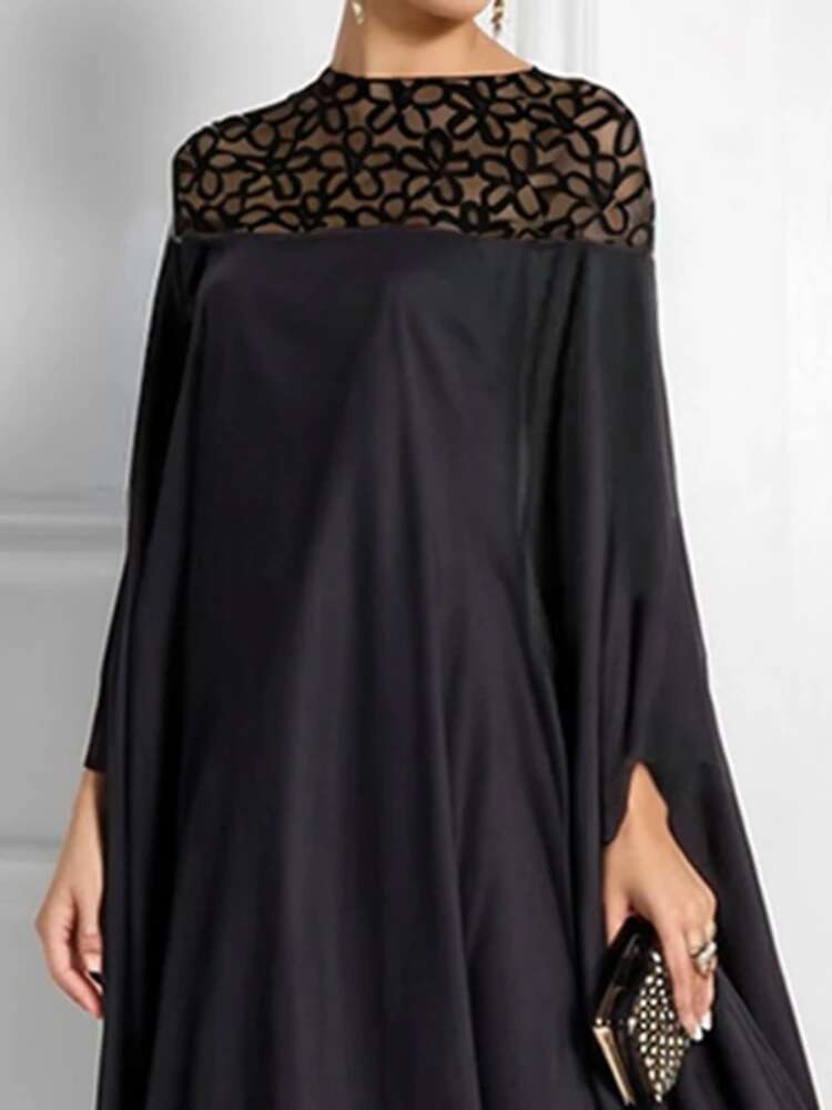 Batwing Sleeves Party Dress For Women See-Through Maxi Dresses New Casual Hook Pattern Hollow Round-Neck Robes Female