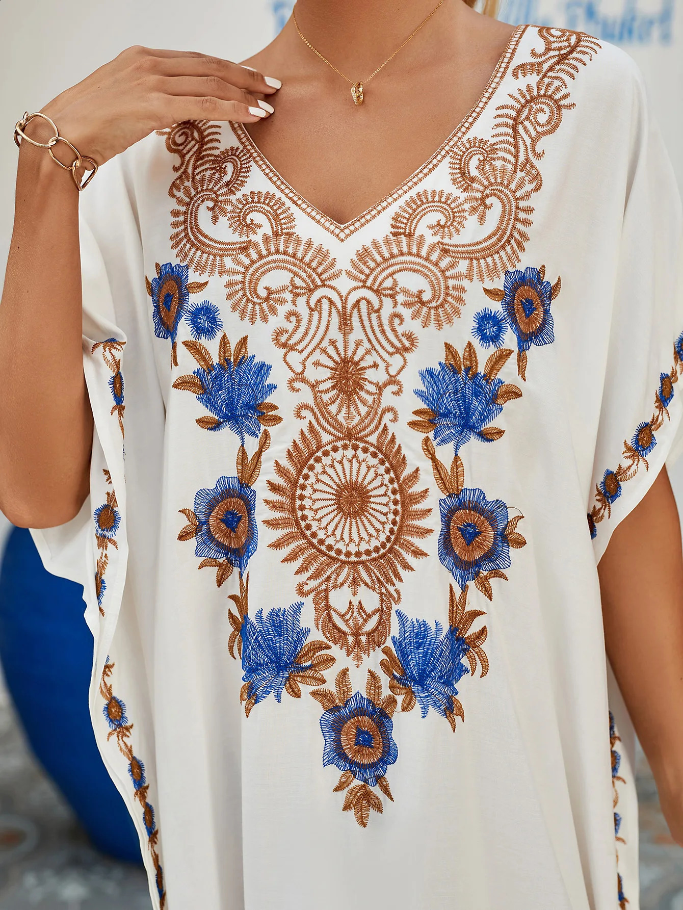 Embroidered Vneck plus size Kaftan womens Bohemian beach dress long skirt 250422