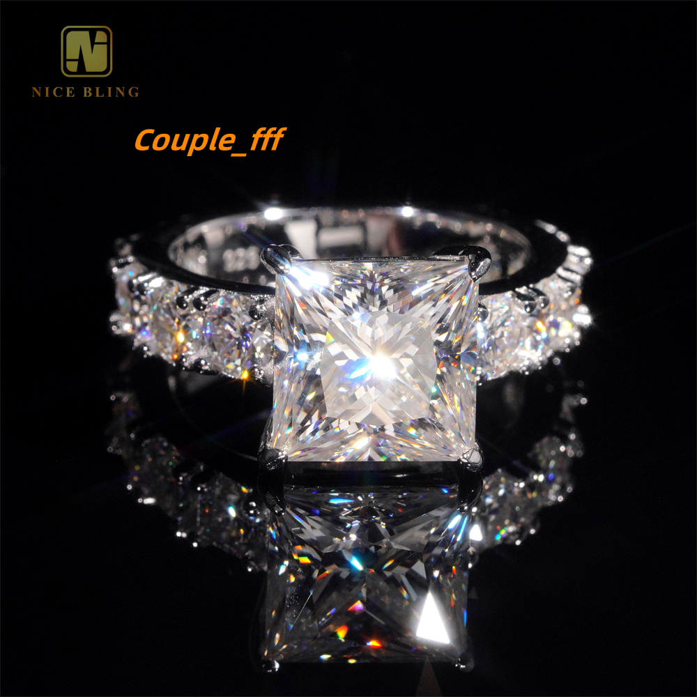 925 GRA Certificate 925 Silver Iced Out Princess Cutting Moissanite Diamond Engagement Wedding Band Solitaire Ring Women Gift