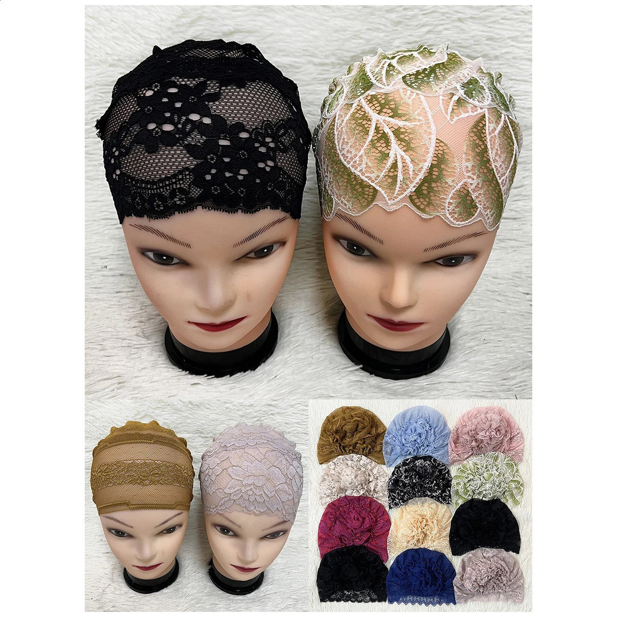 Muslim Women Headscarf Hollow Lace Elastic Space Layer Fabric Applique Headwear Solid Indian Bean Hair Hat Lady Hat 250420
