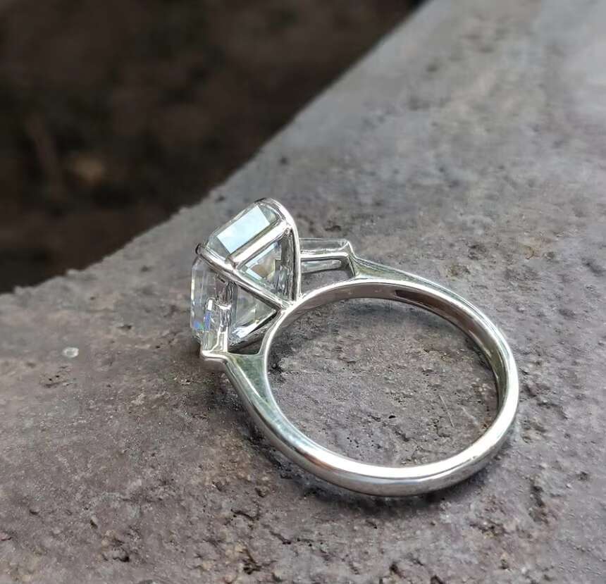 White Gold 3.89 TCW Emerald and Tapered Baguette Three Stone Engagement Moissanite Ring