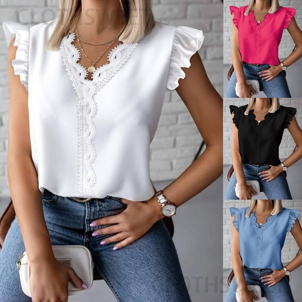 2024 summer ruffled simple V-neck lace patchwork loose shirt for women
