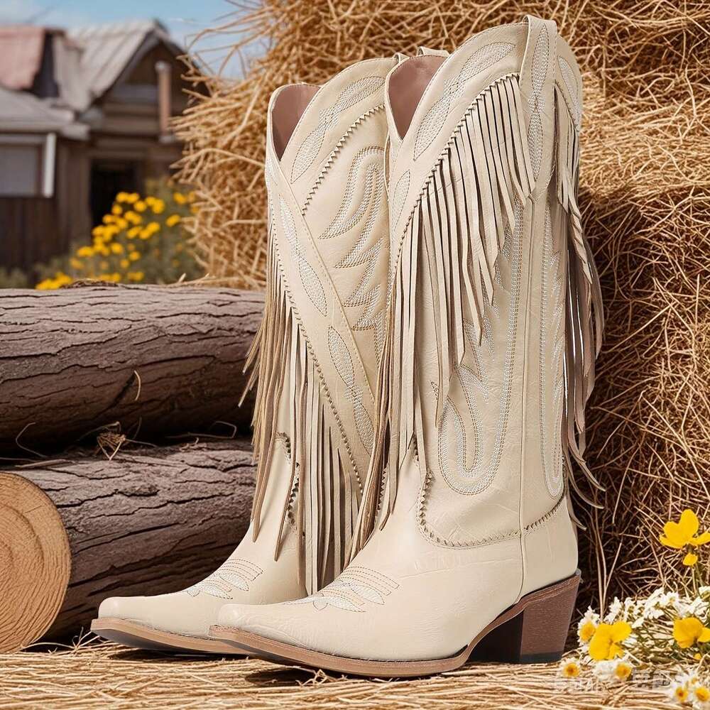 Womens Fashionable Tassel Western Embroidered Chunky Heel Knee High Shoes Comfortable Wild Calf Slip On Riding Boots