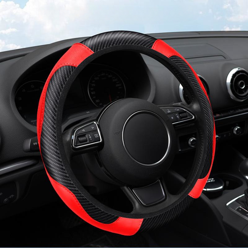 PU Carbon Fiber Leather Car Steering Wheel Cover without Inner Ring Suitable for 14.5-15 Inches/38cm of Automotive Supplies