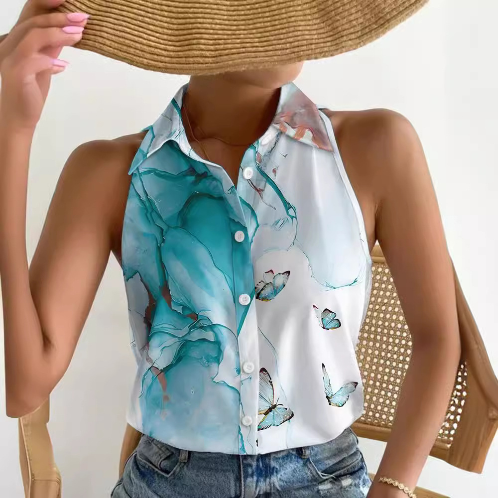 2023 Summer Casual Fashion Off Shoulder Sleeveless Abstract Printed Womens Shirt