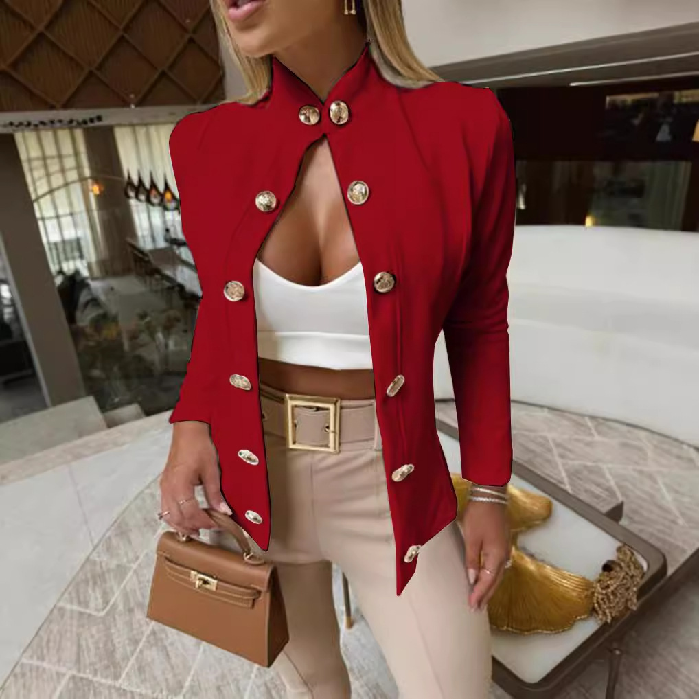 2024 new autumn and winter stand up collar slim fit long sleeved double breasted small suit for women