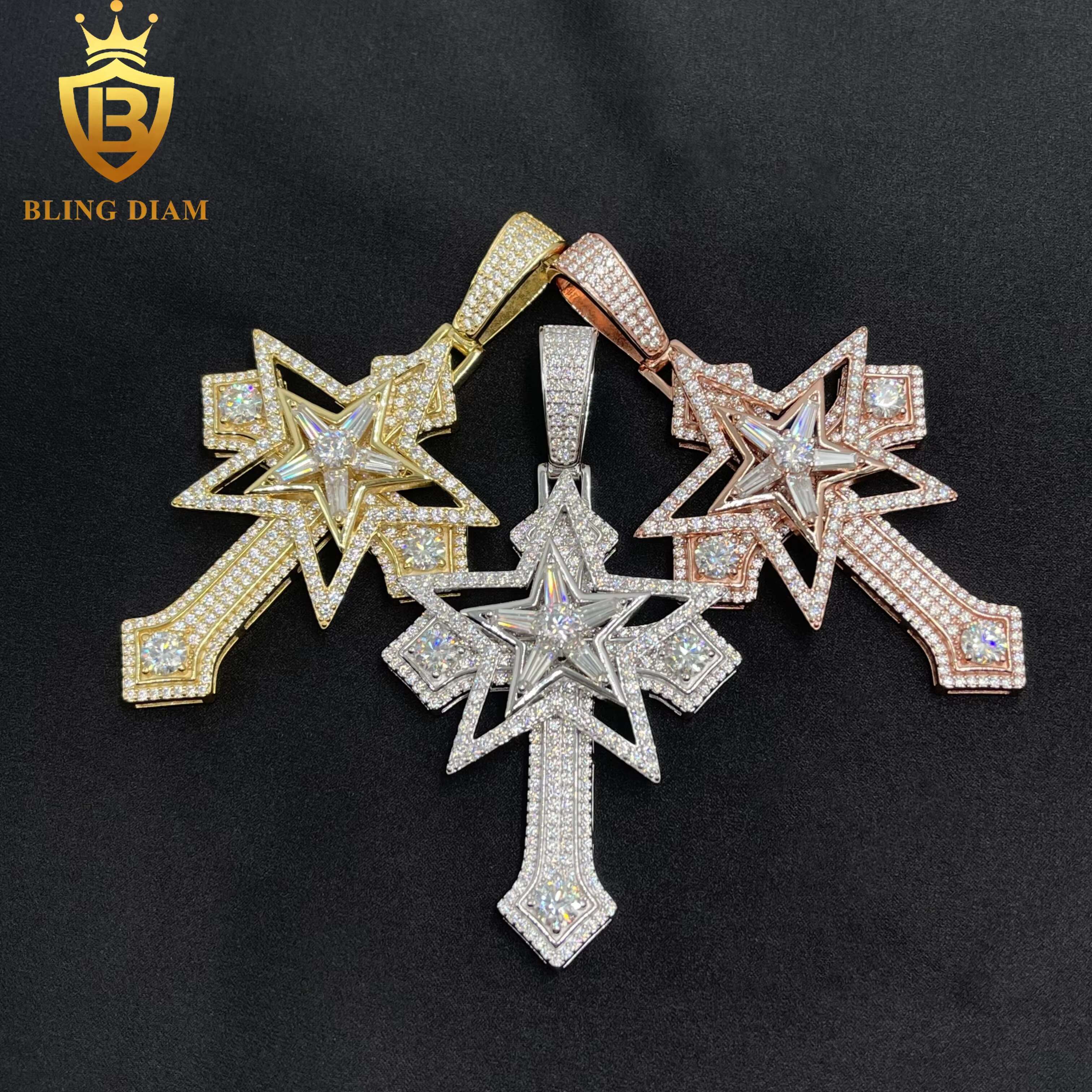 New Design Star Cross Pendant Hip Hop Jewelry Necklace VVS Moissanite 925 Sterling Silver Stainless Steel