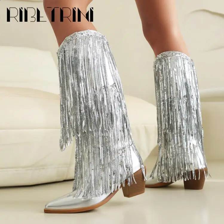 Glitter Shiny Fringe Women Western Boots Slip On Mid Calf Chunky Block Heels Shoes Sexy Elegant Party Nightclub Boots 250418