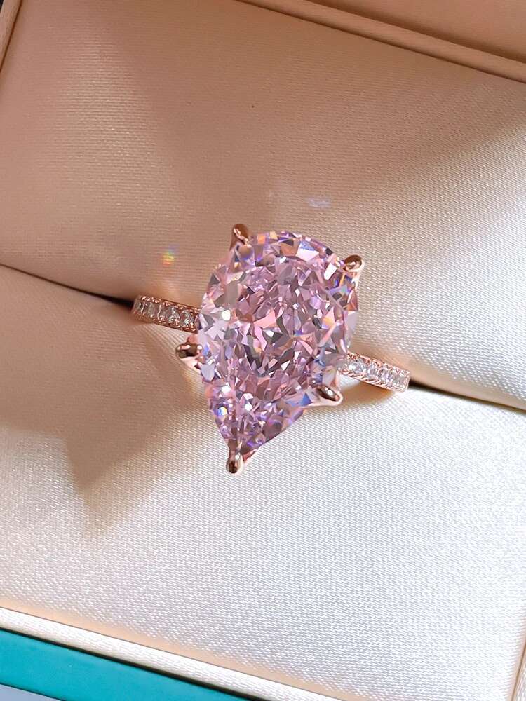 Fashionable niche high-endversatile 925 sterling silver droplet pink diamond ring inlaid with high carbon diamond temperament