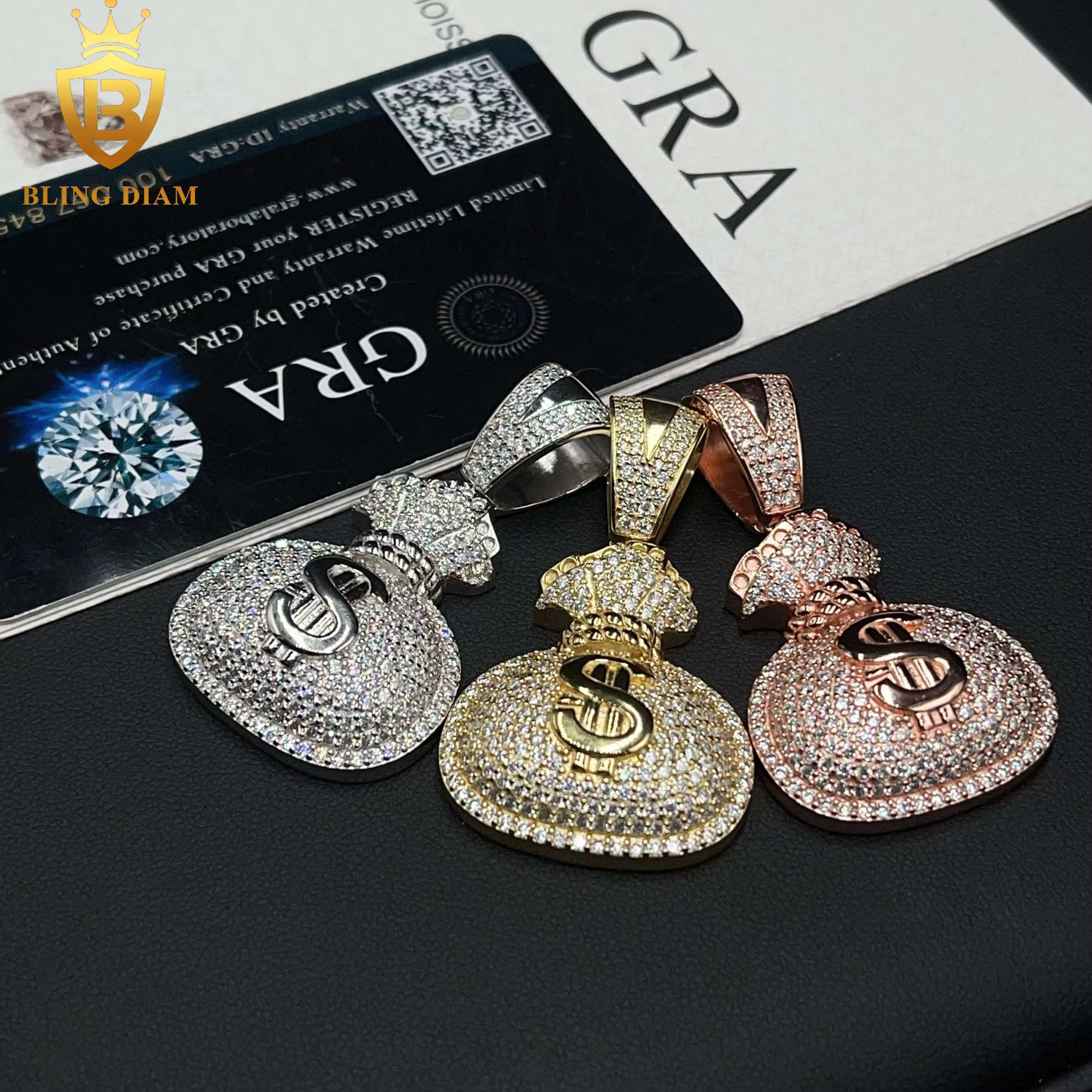 New Fashion Hip Hop Jewelry 925 Sterling Silver VVS Moissanite US Dollar Money Bag Charm Custom Pendants
