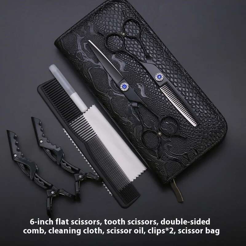 6.0Inch Electroplated Black Seamless Flat and Tooth Hairdressing Salon Barber Professional Hair-cutting Scissors Set