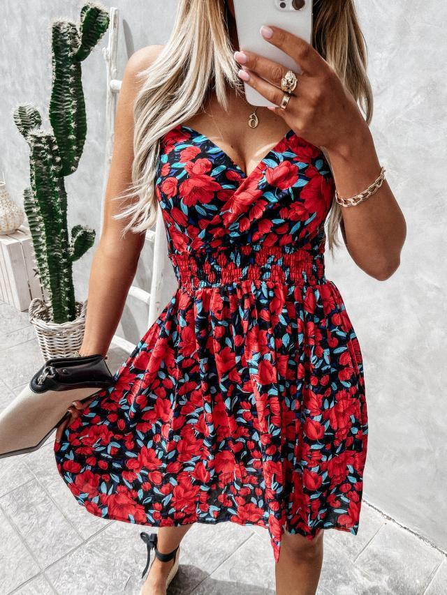 2024 new summer fashion V-neck floral suspender waist cinching dress for women