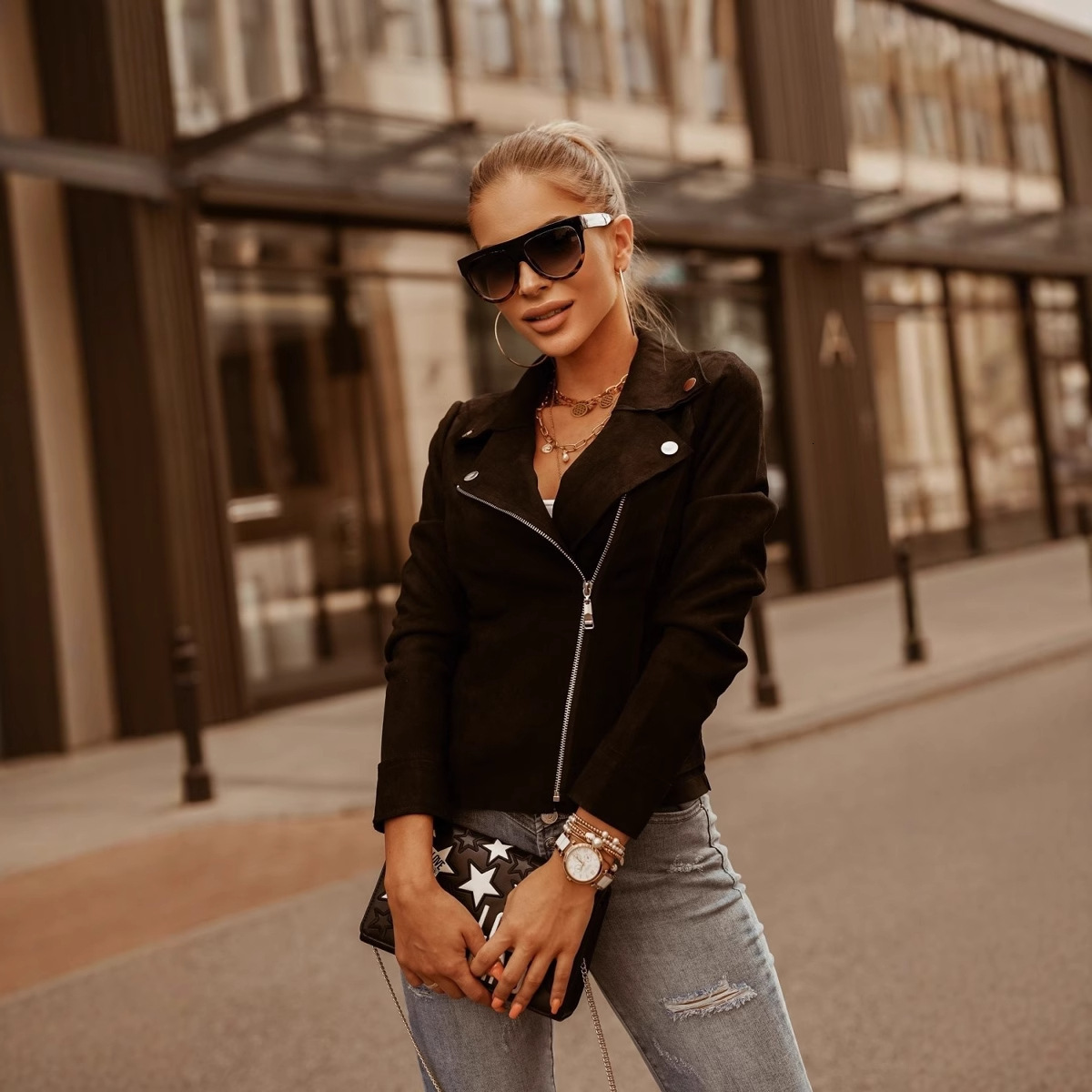 2024 WSIH autumn and winter solid color slim fit diagonal zipper lapel short jacket for women