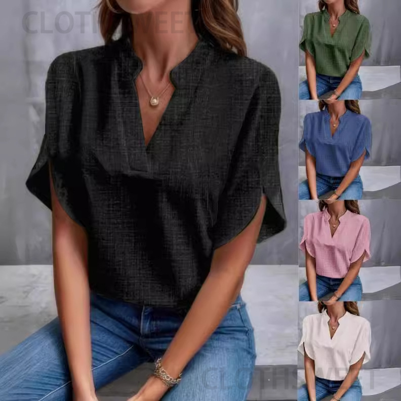 Womens 2024 summer solid color V-neck off shoulder loose linen shirt top for women