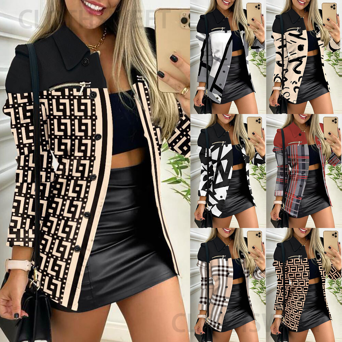 2022 autumn and winter long sleeved zipper color blocked printed lapel jacket for women