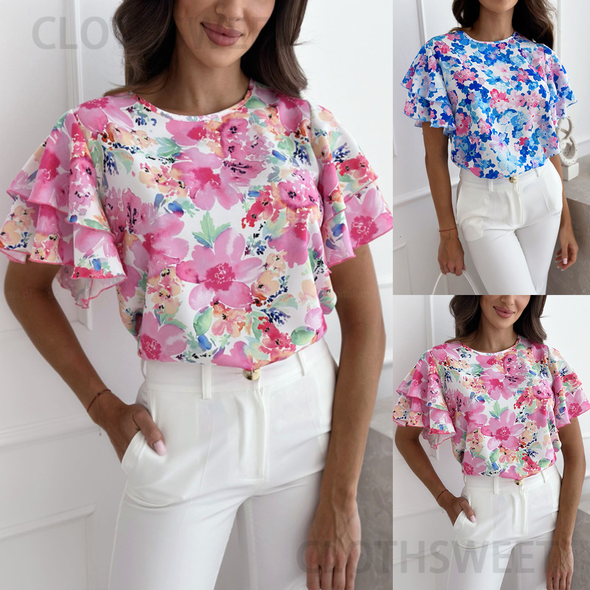2024 new summer printed lotus leaf sleeve round neck simple short sleeved top