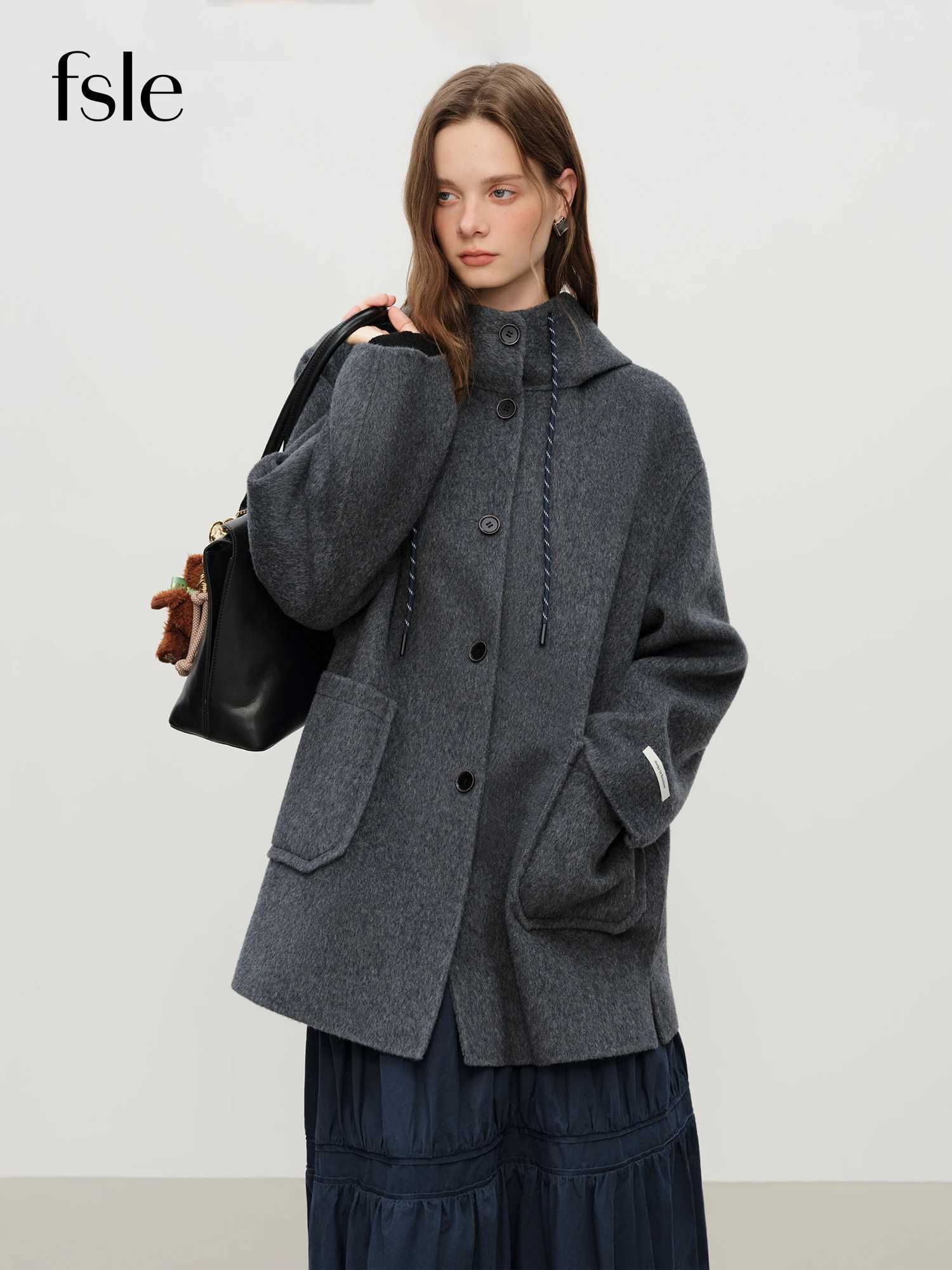 FSLE College Style Age-reducing Hooded Double-faced Wool Coat for Women Mid-length Wool Coat Pockets Gray Girlish J251124