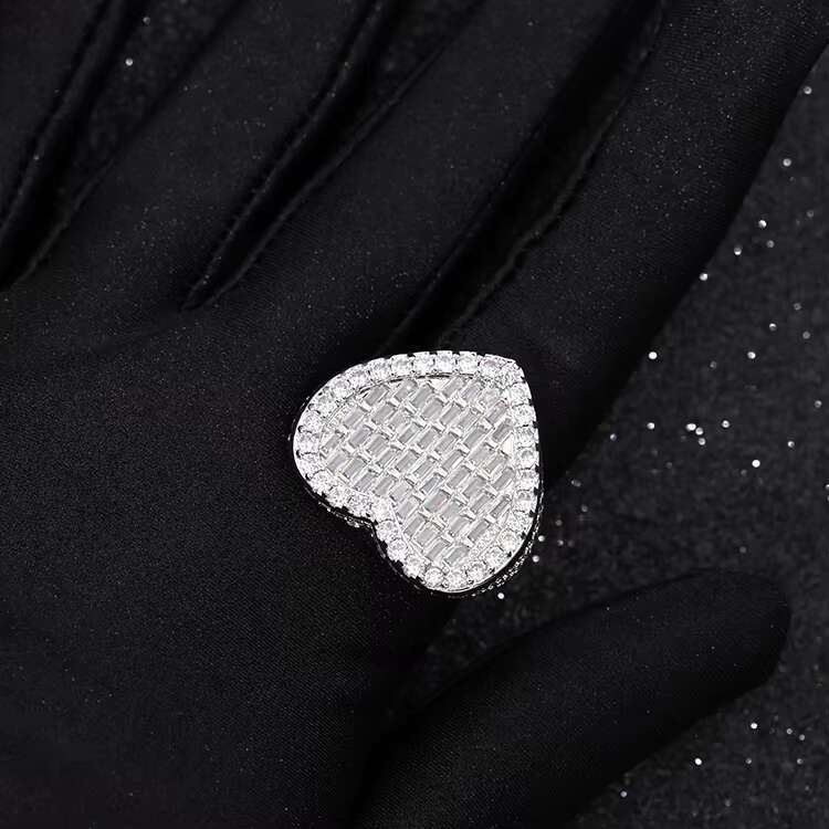 Customized Iced Out Hip Hop Jewelry S925 Silver with baguette Moissanite Ring Passed Diamond test Mens Cuban Heart Ring