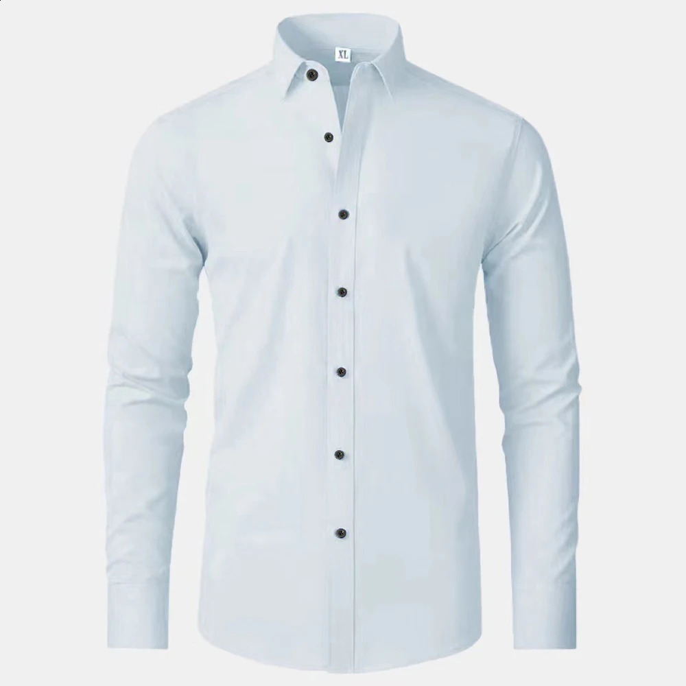 Mens business casual shirt solid color lapel button long sleeved dress elastic iron free office commuting 250420