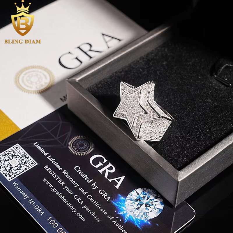Hot Sale Hip Hop Jewelry Ring 925 Silver Ice Out VVS Moissanite Fully Diamond Mens Star Rings