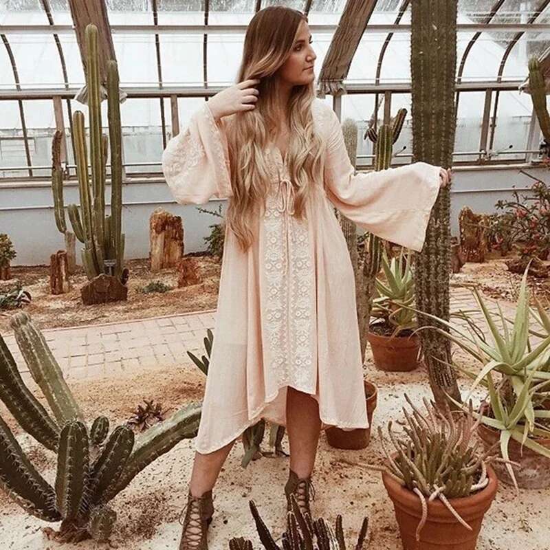 KHALEE YOSE Bohemian Sexy Maxi Dress Long Sleeve Dresses Women Tunic Vintage Floral Embroidered Cotton Casual Hippie Boho Robe