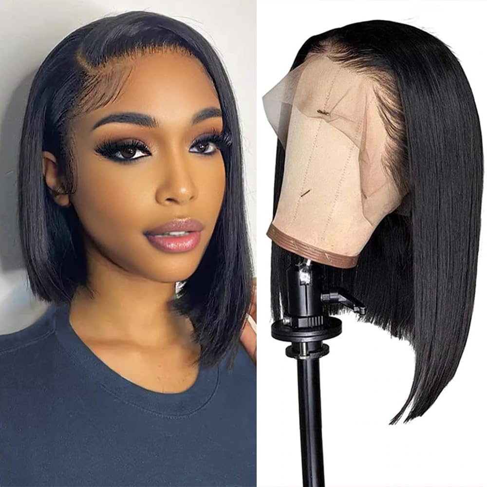 Black 13x4 Bob Wig HD Closure Lace Front Brazilian Human Hair For Black Women Pre Plucked Short Wig Natural Straight Hair HD Frontal Wig Short Hair Fa