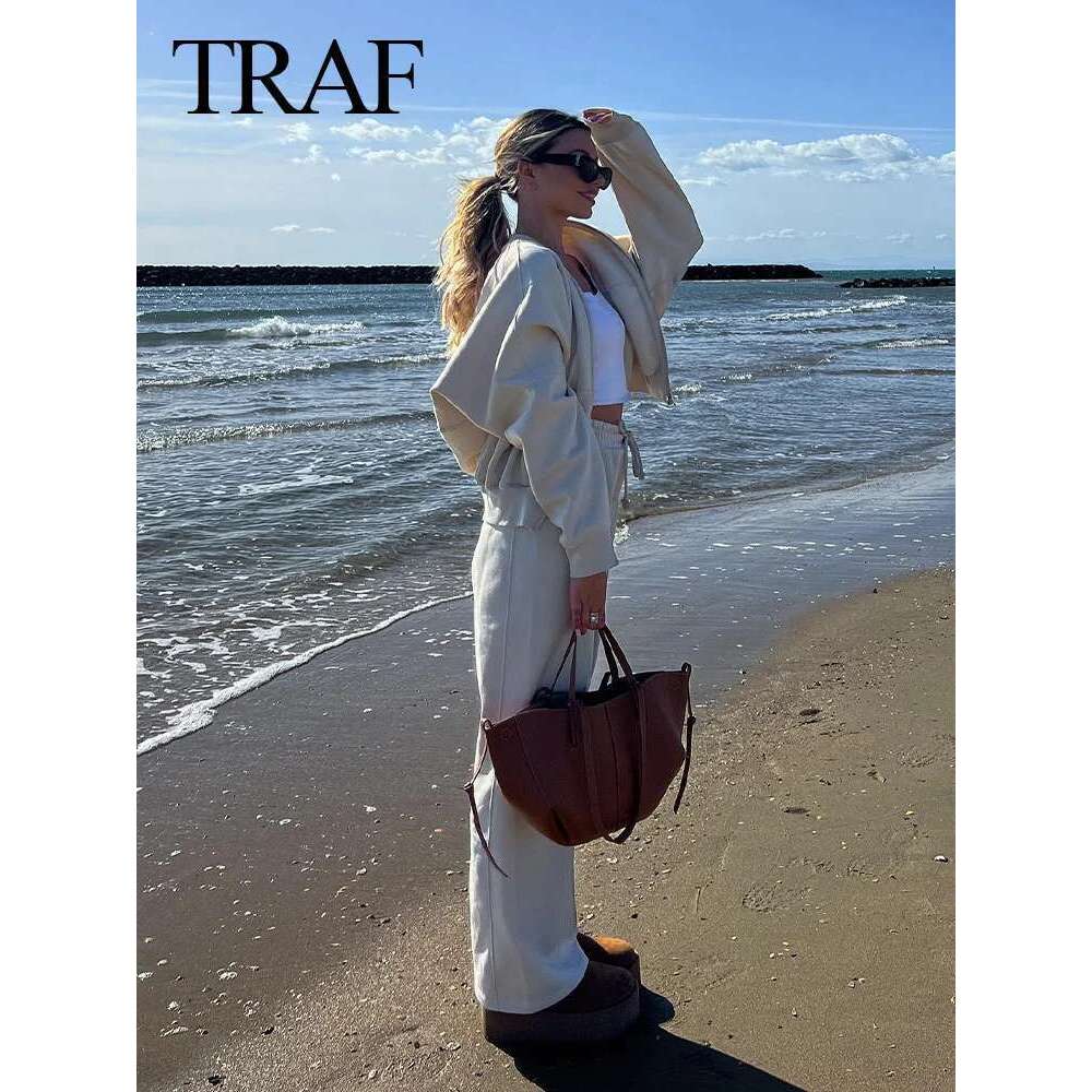 Designer Clothes TRAFZA Autumn Women's Thick Hoodie Coat + Drawstring High Waist Loose Casual Pants Set Lined Fleece Woman's Clothing Street