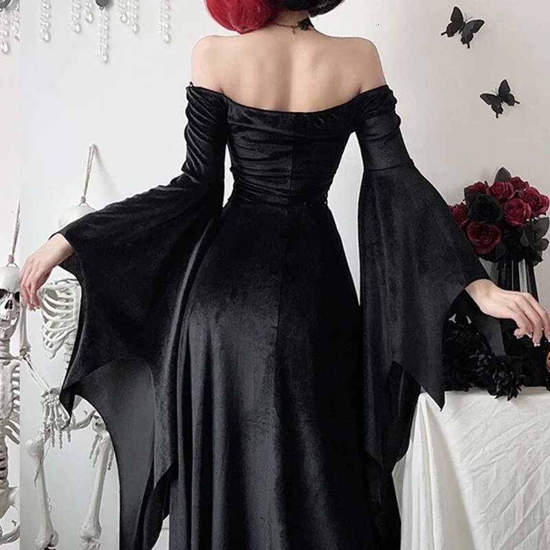 Vintage Flare Long Sleeve Vampire Bride Outfit Cosplay Death Black Dresses Haruku Gothic Halloween Costumes Witch Dress