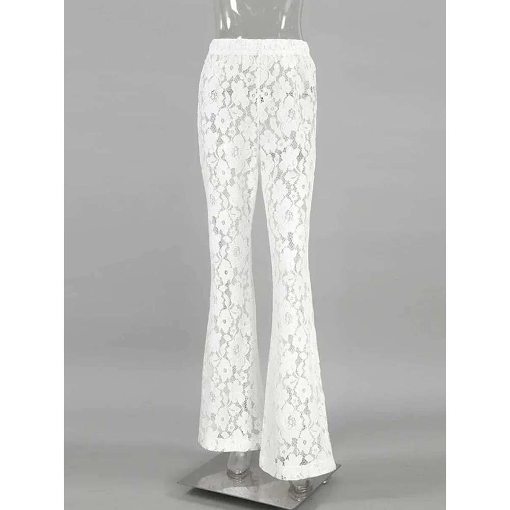 Wolfeel Sexy Perspective White Flare Summer Women Vacation High Waist Long Trousers Lace Beach Style Female Pants 2025