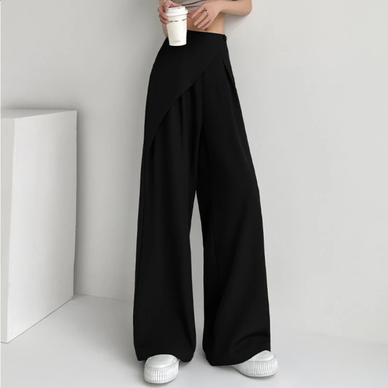 Spring Summer Irregular Wide Leg Suit Pants Women 2025 Button High Waist Straight Casual Loose Korean Trousers Female 250421