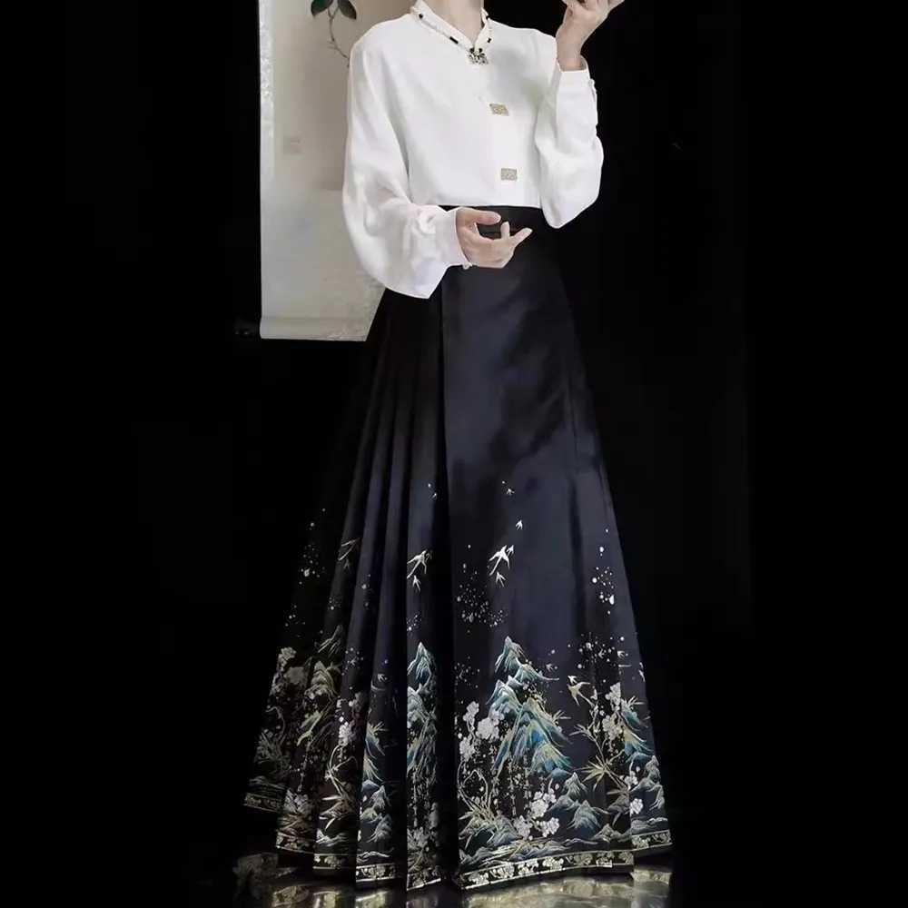 Retro Maxi Chinese horse faced womens clothing Saia one-piece long Hanfu pleated womens clothing Faldas Harajuku M250424