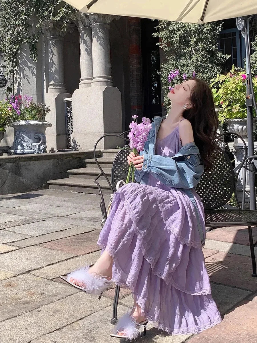 Elegant ruffled lace ribbon dress for women in fashion solid sleeveless long dress French sweet girl vest summer holiday dress 250423