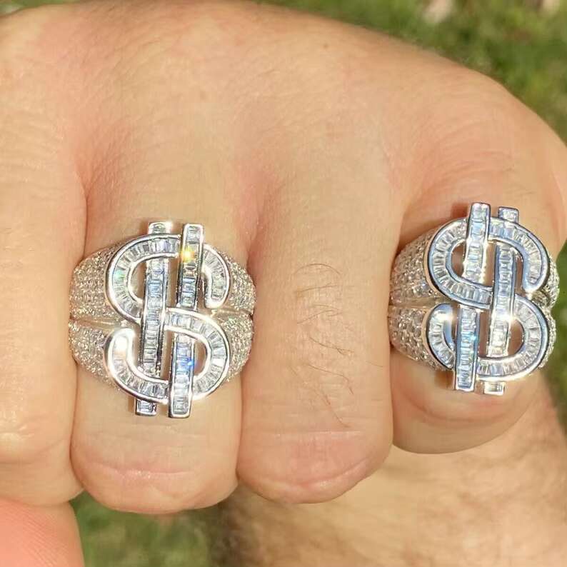 Hip Hop Iced Out Bling Men Jewelry 5A Cubic Zirconia Cz Dollar Sign Ring Size 8 9 10 11