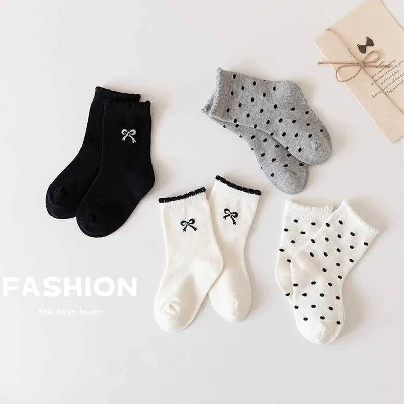 4Pairs Embroidery Bow Socks 3-14Year Girls Polka Dot Stockings Spring Autumn Children Middle Tube Sock Baby Kids Cotton Footwear G251124