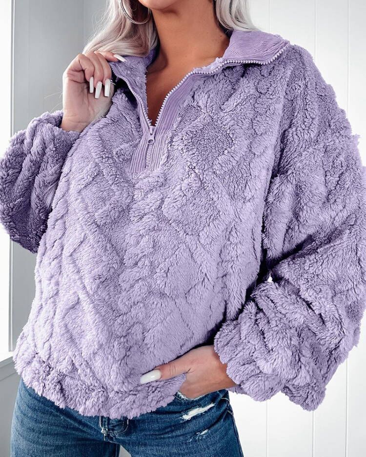2024 new autumn and winter simple solid color half zipper stand up collar loose plush pullover hoodie