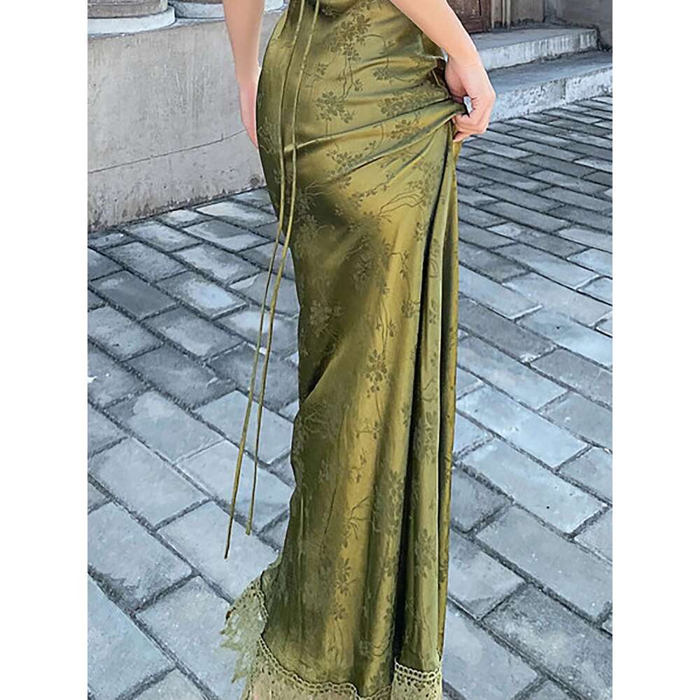 Designer Clothes New In Women's Long Dress Turquoise Green V-Neck Backless Satin Jacquard Waist Slim Chic And Elegant Sexy Female Dresses