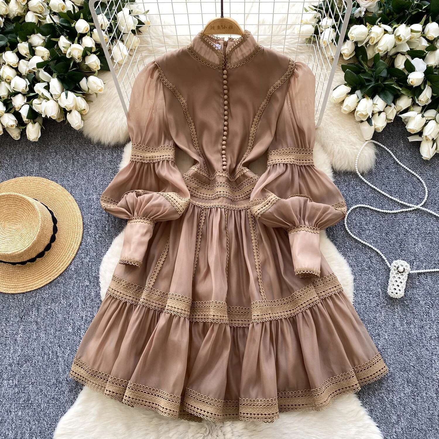 Short Dresses Shirt Women Spring Autumn Single Breasted Stand Collar Embroidered Crochet Formal Ocn Party Vestidos
