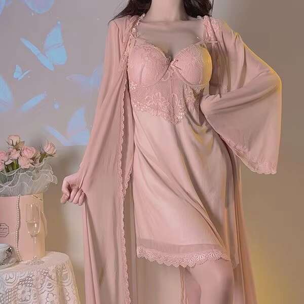 Lingerie Women Sheer Mesh Lace Slip Dress Chemise With Thong And Robe Set Sexy Sleepwear