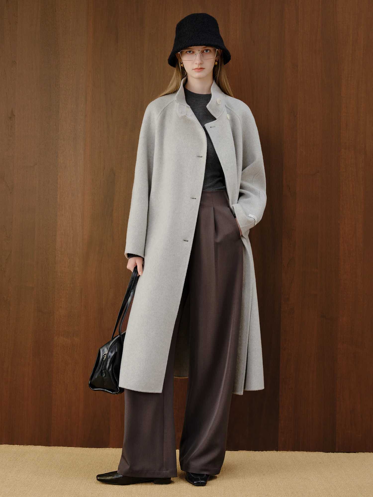 ZIQIAO Petite Size 2025 Autumn Winter Womens Stand Collar Cashmere Wool Blend Coat Long Tweed Overcoat for Small Size Slim Fit J251124