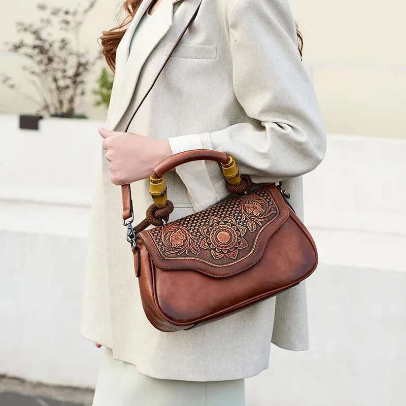 MOTAORA 2025 New Vintage Leather Women's Handbag Bamboo Handle Flap Zip Closure Adjustable Strap | Handmade 3D Eming